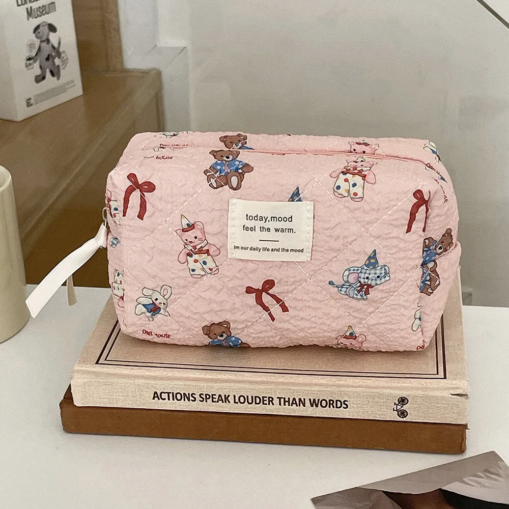 sac de maquillage rose mignon pour filles, fourre-tout portable, pochette cosmétique, sac à main de personnalité pour dames, sac de maquillage matelassé à fermeture éclair