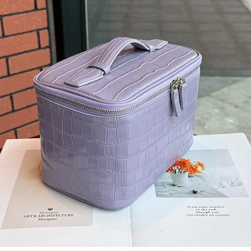 28 Trousse de Maquillage en Cuir de Vachette de Haute Qualité à Motif Crocodile pour Femmes, Sac de Toilette Portable, Sac de Rangement Pratique
