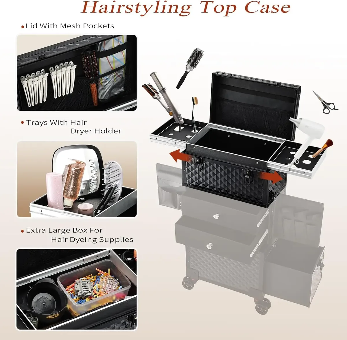 mallette de maquillage roulante, chariot de cosmétologie professionnel, verrouillage sur roulettes pour barbier et artistes de maquillage avec support pour sèche-cheveux