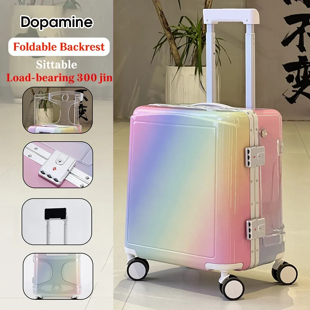 valise à roulettes 18 pouces, bagage cabine portable, 6 roues, fermeture éclair, verrouillable, avec siège intégré pour enfants