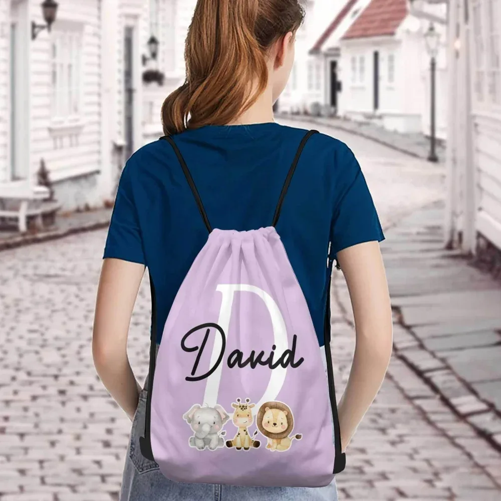 sac à dos personnalisé à cordon de serrage avec nom/texte sur le thème des animaux, 1 pièce, sac de sport léger pour voyage, sac de rangement pour salle de sport