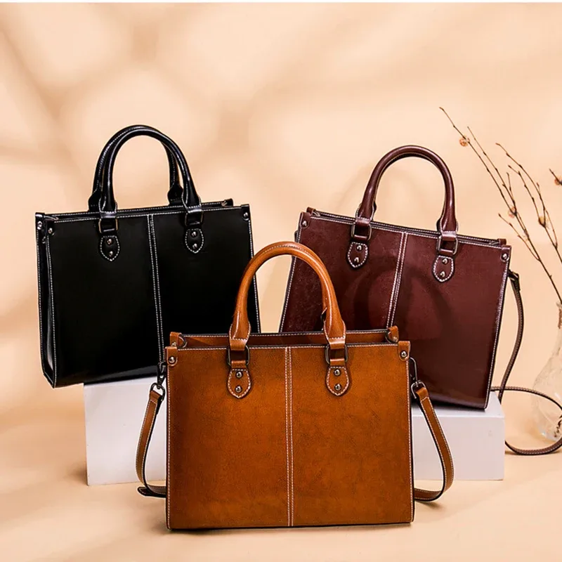sac fourre-tout en cuir de vachette véritable pour femme, sac à main à poignée supérieure en cuir véritable, sac à bandoulière messager élégant pour le bureau et le shopping