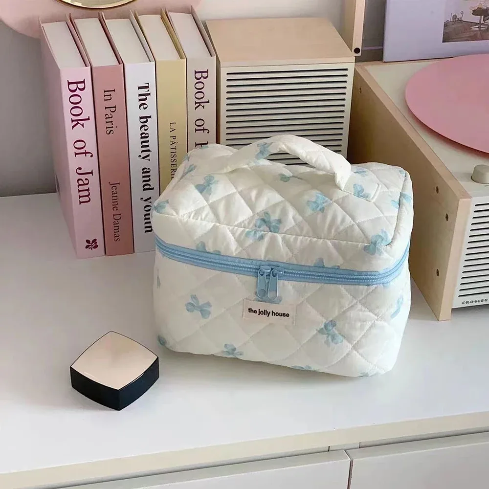 sac de rangement cosmétique en coton matelassé pour femme, nœud simple, sac à main d'évaluation de maquillage rouge à lèvres, sacs à fermeture éclair de grande capacité, mignon, nouveau