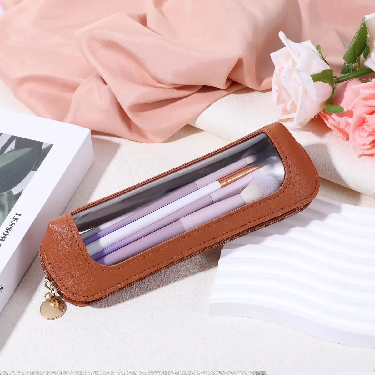 petite pochette de maquillage transparente, sac de brosse de maquillage en cuir pu, pochette de rangement avec fermeture éclair pour femmes, maison, voyage, bureau, rangement de cosmétiques