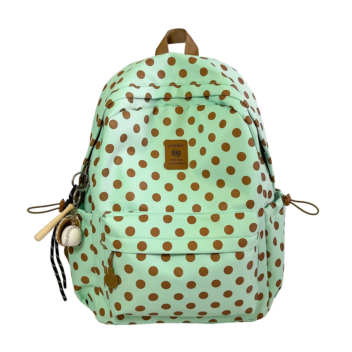 sac à dos décontracté vert menthe à pois pour femme avec poignée supérieure marron et poche zippée, grande capacité, idéal pour l'école et les voyages