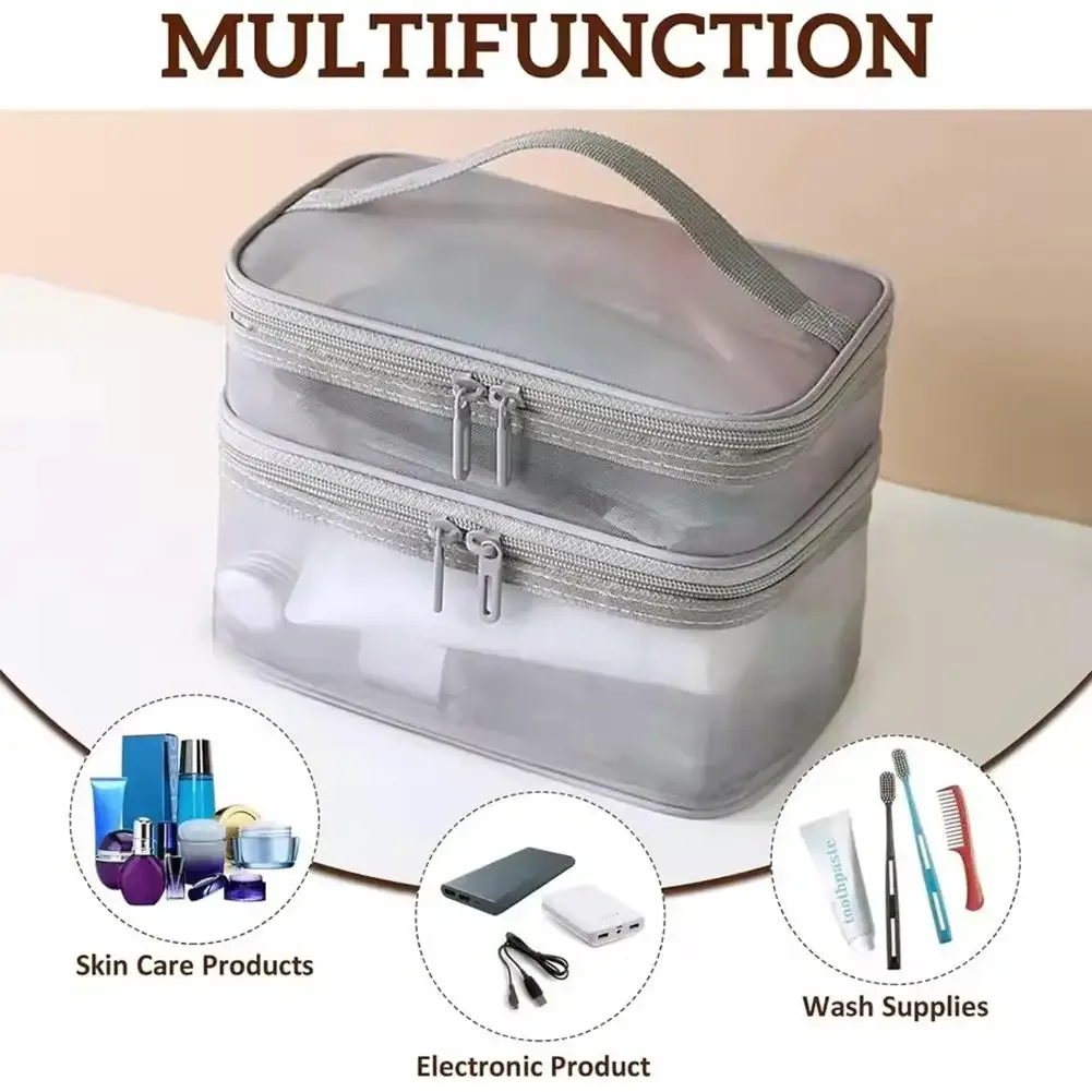 sac à cosmétiques en maille double couche, organiseur de maquillage de voyage, pochette à maquillage transparente à double ouverture, trousse de toilette portable imperméable pour femmes
