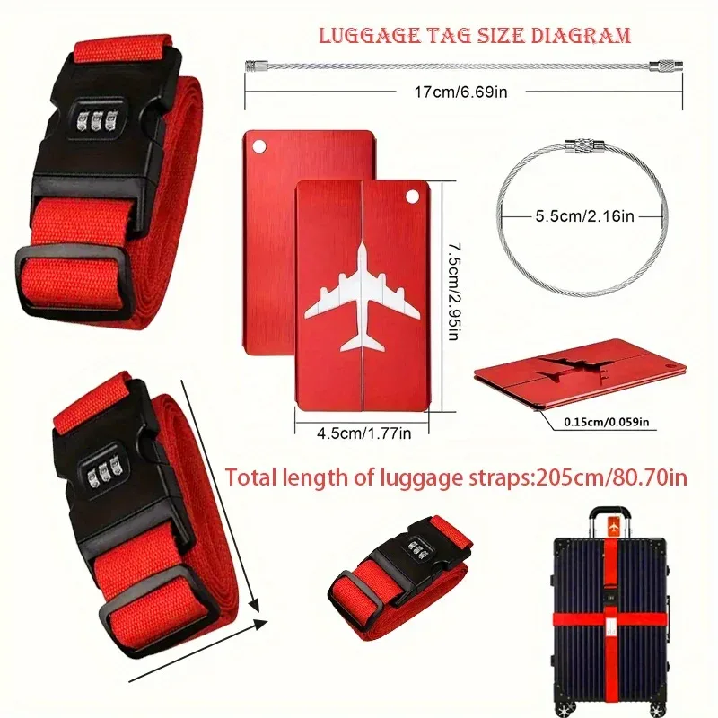 lot de 2 sangles de bagages de voyage, ensemble d'étiquettes de bagages, ensemble de cadenas à combinaison avec étiquettes