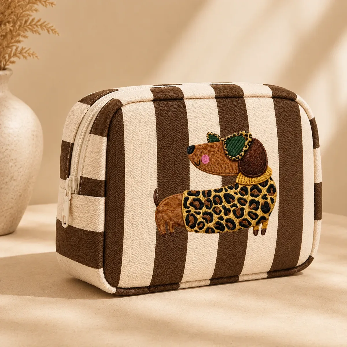 trousse de maquillage marron à rayures teckel grande capacité organisateur de toilette pour femmes voyage essentiels beauté quotidienne