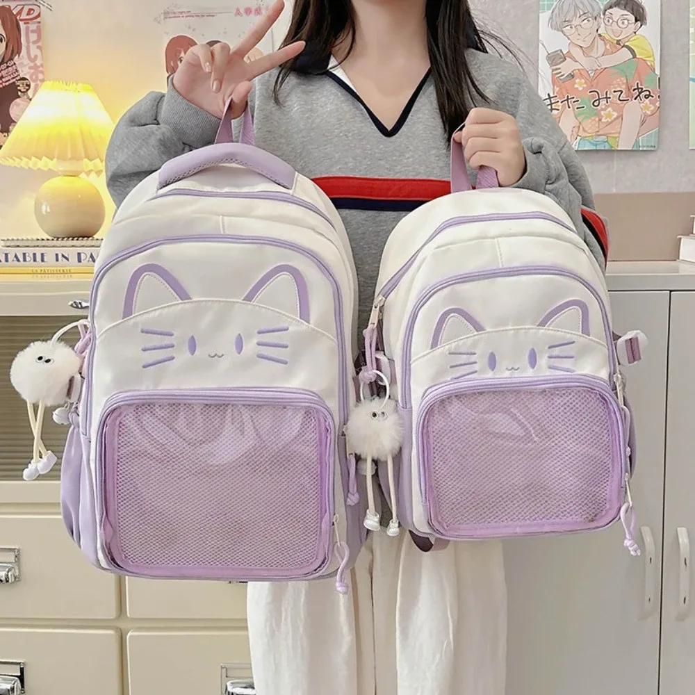 sac à dos imprimé chat kawaii pour adolescentes, sac d'école imperméable de grande capacité, sac à dos de voyage mignon de couleur contrastée avec pendentif en peluche