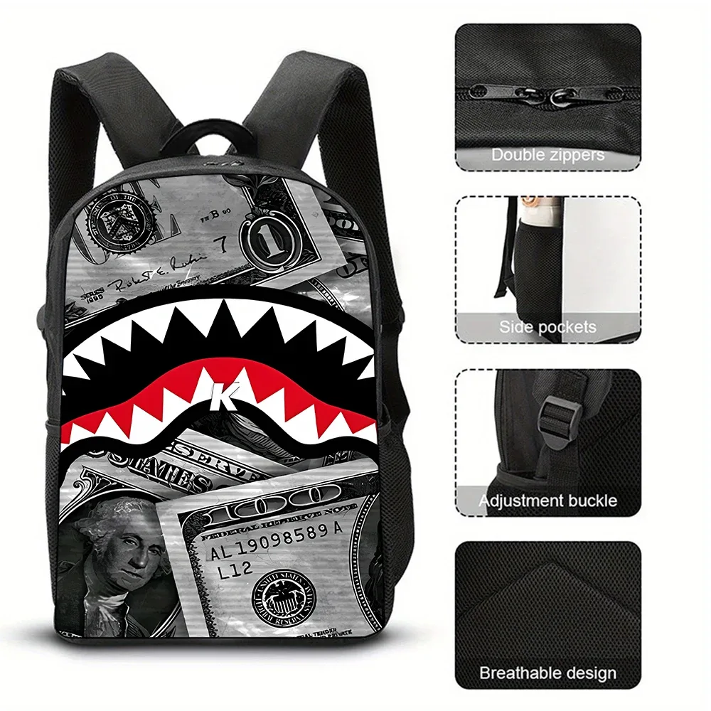 sac à dos tendance avec motif requin, imprimé graffiti et dessin animé, léger et décontracté pour étudiants et voyages