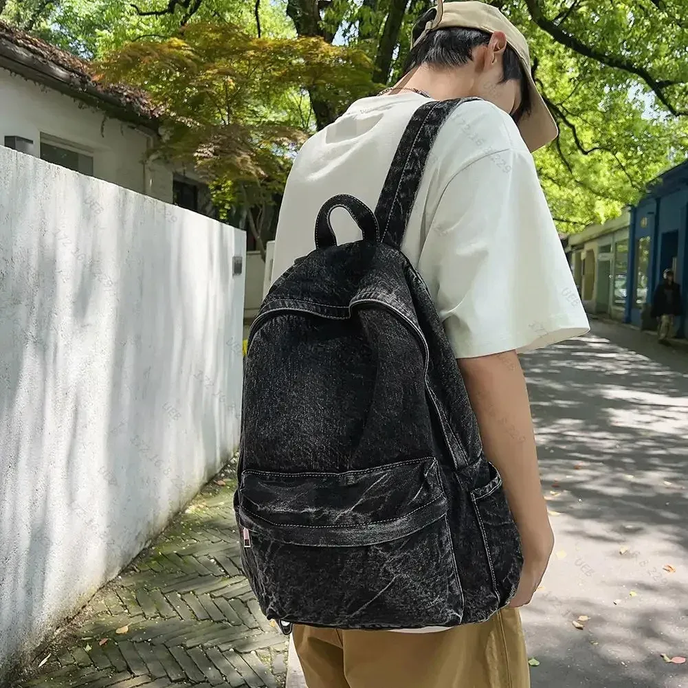 sac à dos rétro en toile à fermeture éclair pour hommes et femmes, sac d'école multi-poches, sacs de sport de voyage solides, nouveau denim, initié sr