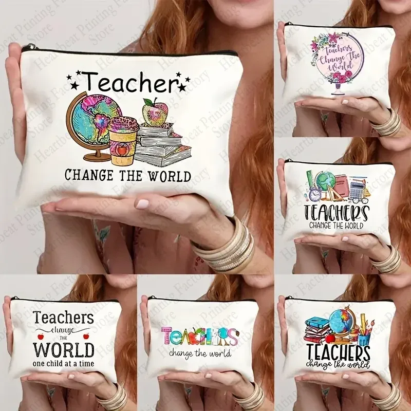 teacher change the world print sacs à cosmétiques trousse de toilette cadeau de remise des diplômes pour les enseignants trousse à crayons de retour à l'école pour enseignant