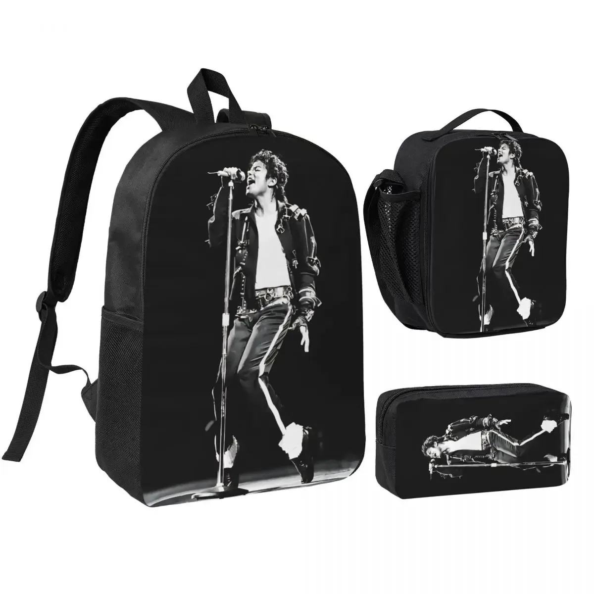 sac à dos mj pop king 3 pièces/ensemble pour étudiant, sac à bandoulière, sac à déjeuner, trousse à crayons