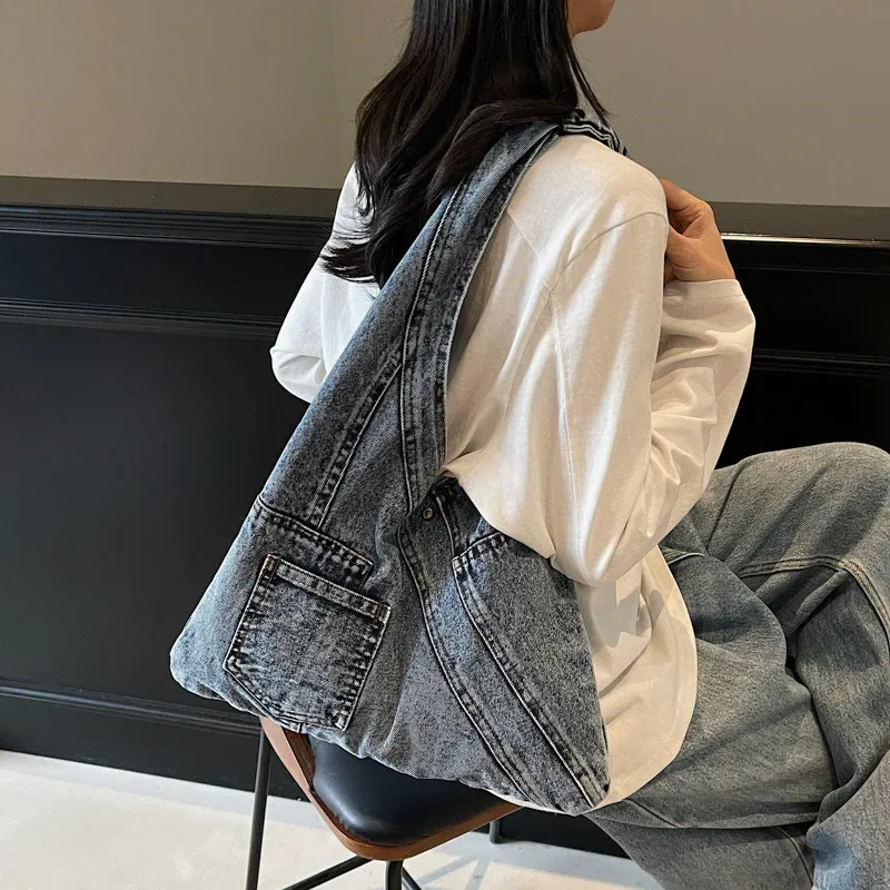 sac en denim vintage pour femmes, sac à bandoulière léger en denim délavé de grande capacité, fourre-tout de voyage en plein air, 2025