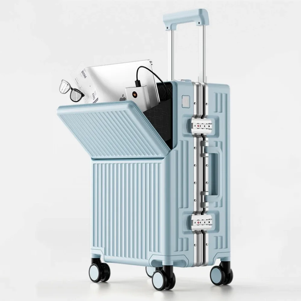 valise à ouverture frontale en matériau pc avec cadre en aluminium, serrure tsa, porte-gobelet, port de charge, bagage à roulettes de voyage 20/24/28/30 pouces