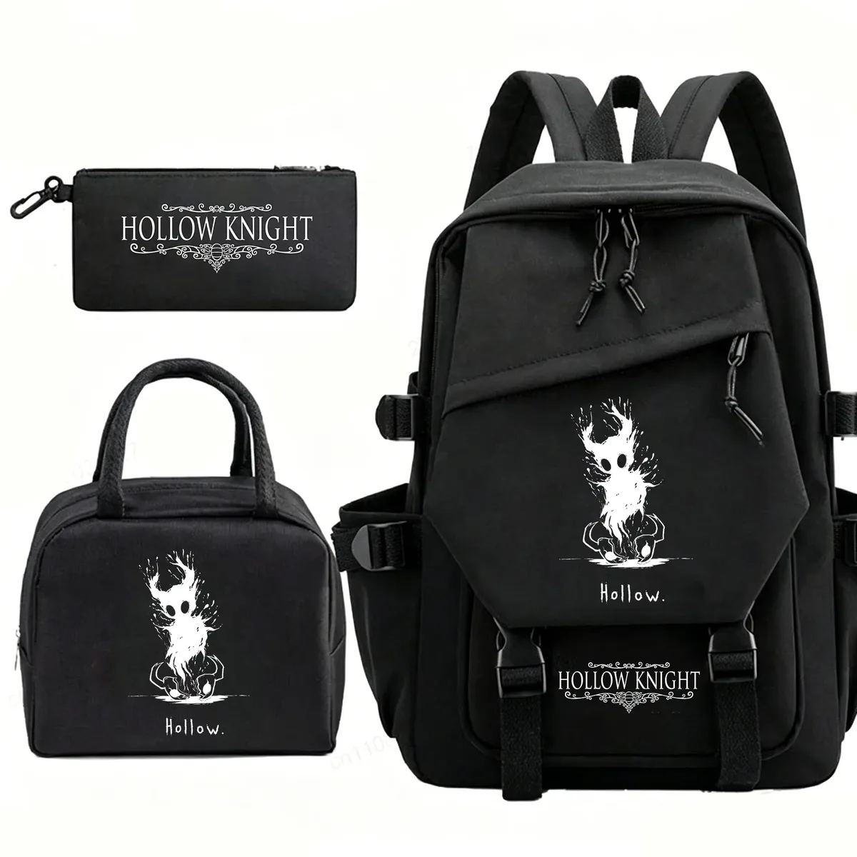 sac à dos hollow knight pour hommes et femmes, sac de voyage, sac à déjeuner, trousse à crayons, ensemble de 3 pièces, cartable pour étudiants