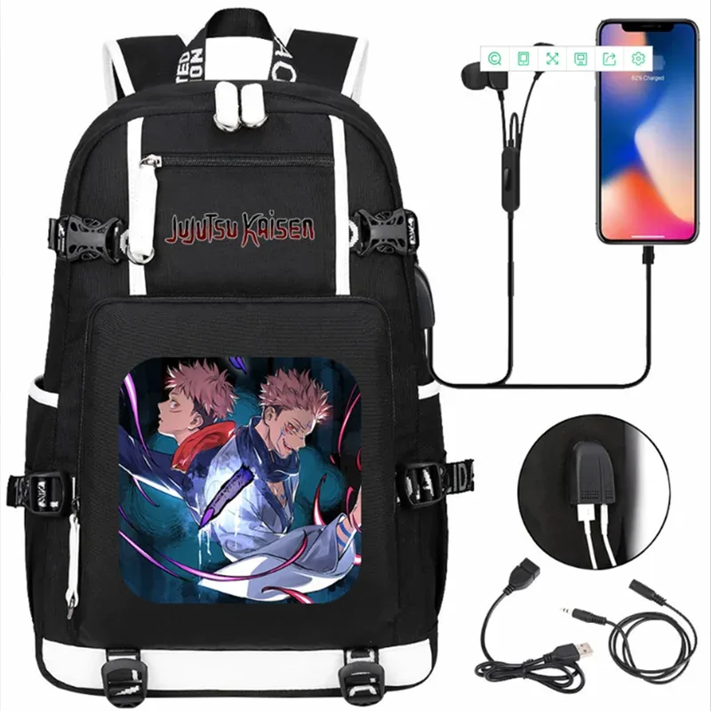 jujutsu kaimmer-sacs à dos college pour hommes et femmes, cartable anime pour adolescents, port de charge usb décontracté, sacs d'extérieur pour ordinateur portable, noir, mochila