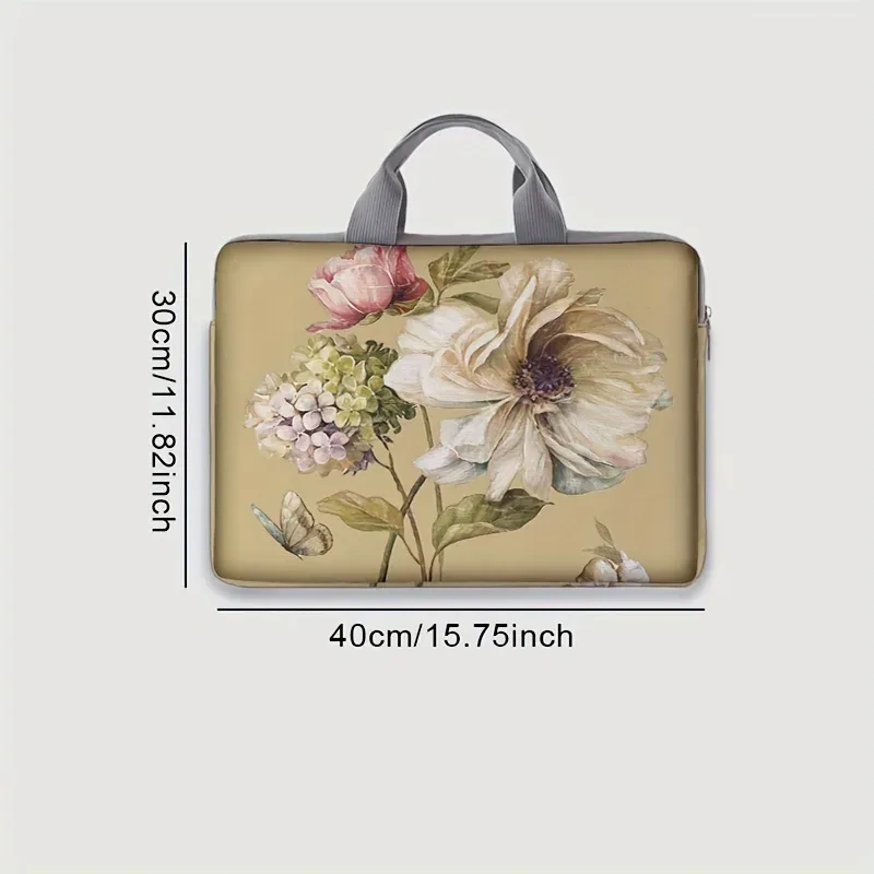 housse polyester motif floral fleurs roses blanches feuilles vertes papillons beige poignée grise protection ordinateur portable voyage