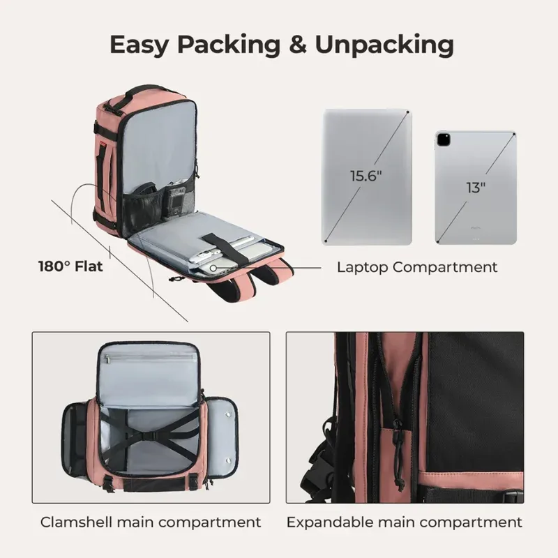 sac dos nylon rose compartiment chaussures poche ordinateur portable poches avant antivol capacité extensible usage voyage