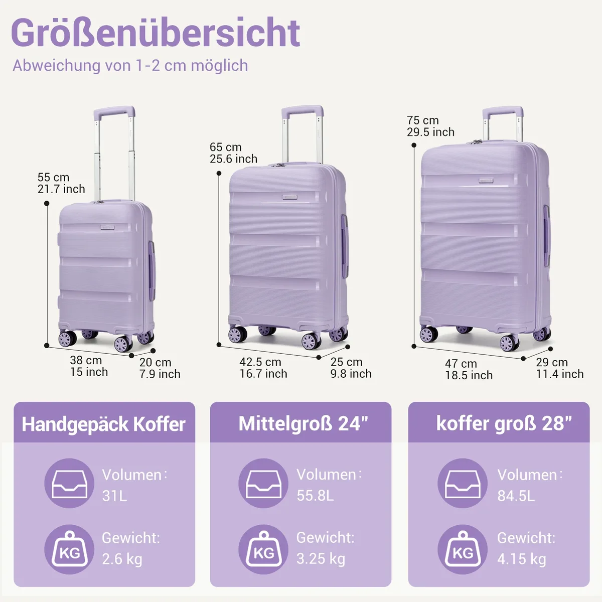 valise rigide kono en polypropylène, bagage à main à roulettes 55/65/75 cm avec 4 roulettes pivotantes à 360° °   roues pivotantes et serrure à combinaison tsa