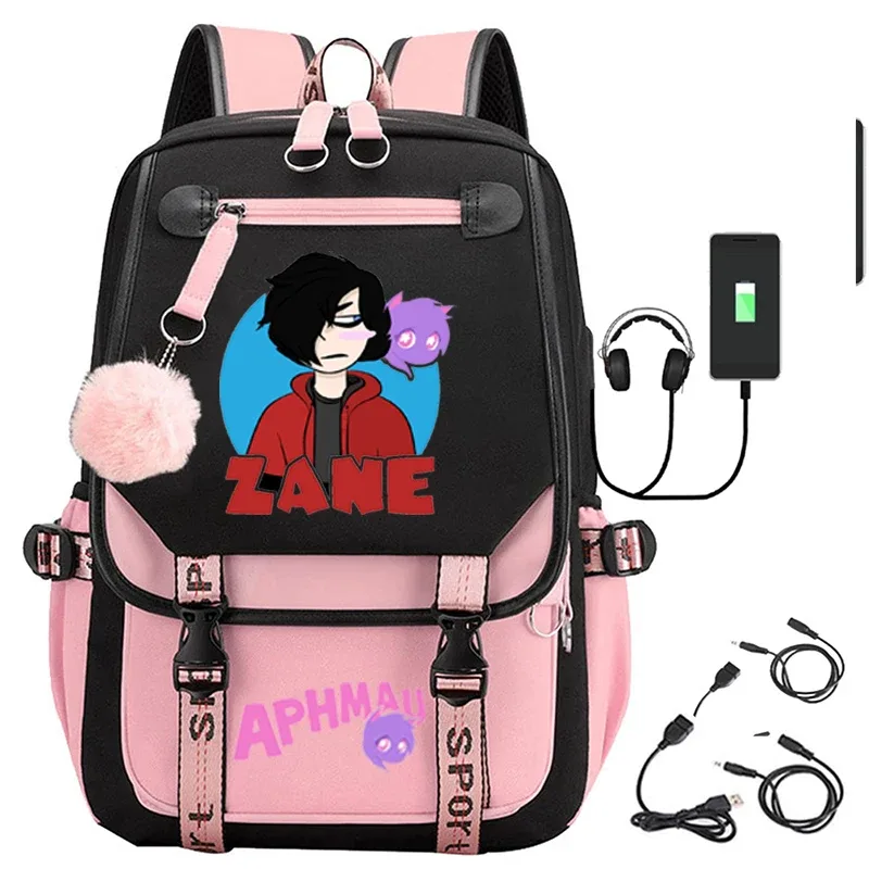 sac dos toile noire broderie fille chat bleu texte aphmau rose bandes latérales cuir sport poche rabat décontracté