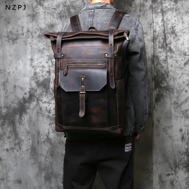 sac à dos vintage en cuir véritable pour homme nzpj, sacoche pour ordinateur en cuir crazy horse, sac à dos de voyage en cuir de vachette pleine fleur naturel