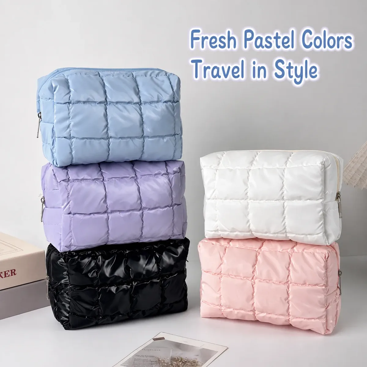 trousse de maquillage matelassée en coton doux et mignon, grande trousse de toilette à fermeture éclair, organiseur de cosmétiques rembourré pour femmes