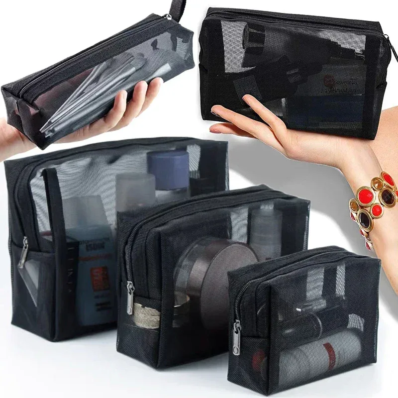 sac à cosmétiques en maille pour femmes, rangement de voyage, sac de maquillage, organisateur, pochette de maquillage portable, petite et grande trousse de toilette et de beauté