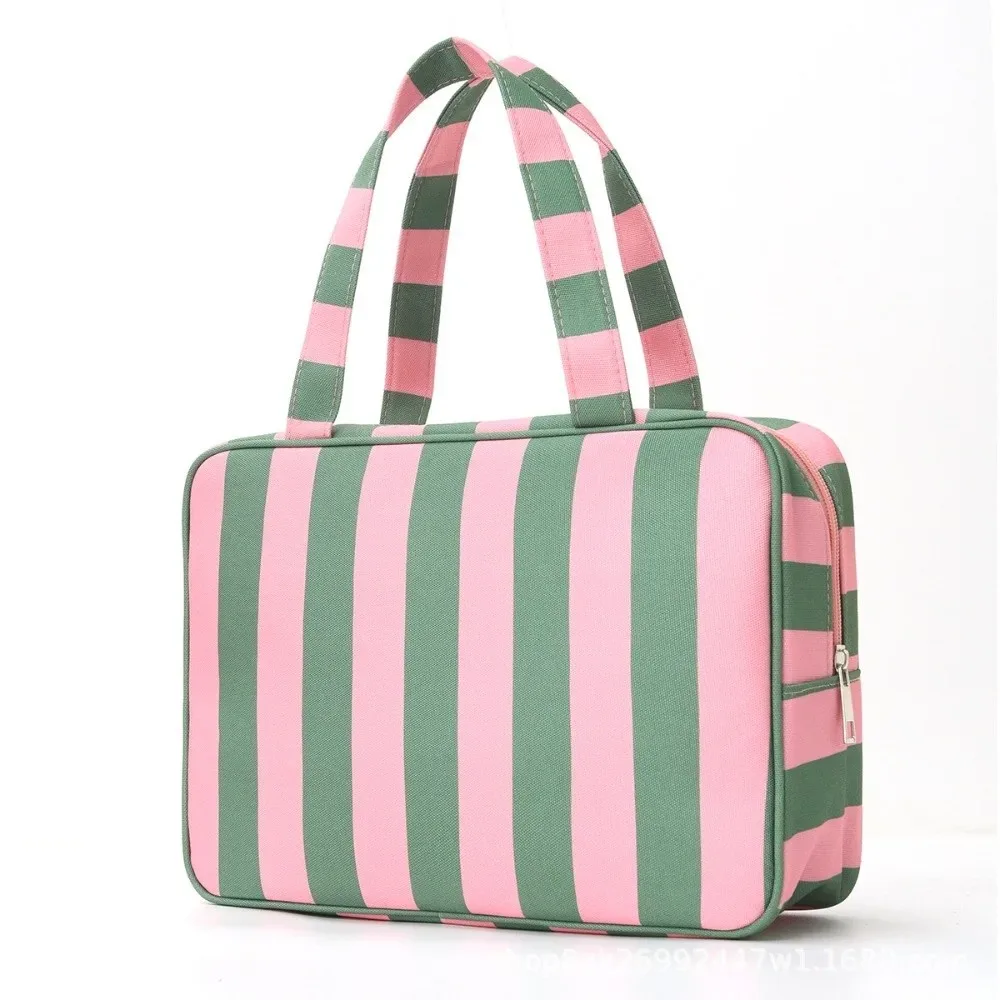 sac de rangement pour articles de toilette rayé grande capacité, pliable, multi-compartiments, sac de maquillage de voyage, pochette cosmétique durable et portable