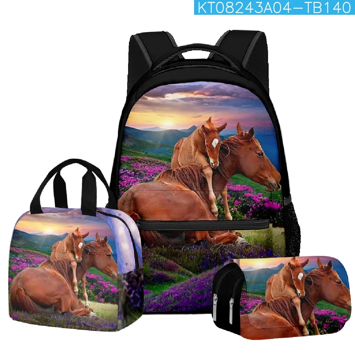 mode nouveauté cool prairie cheval 3d imprimé 3 pièces/ensemble étudiant sacs d'école ordinateur portable sac à dos sac à déjeuner sac à crayons
