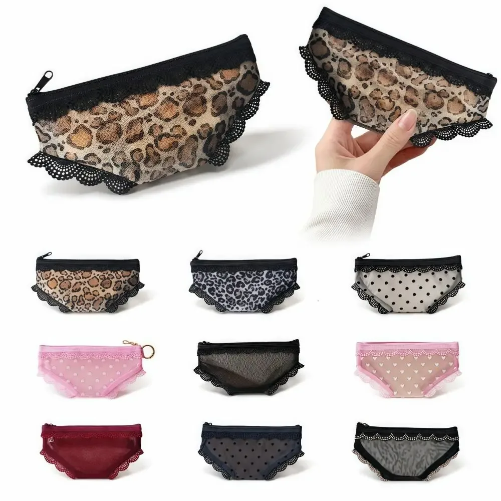 pochette cosmétique unique en forme de slip, en dentelle transparente avec motif cœur, sac de rangement pour maquillage, trousse de toilette en maille y2k pour le voyage