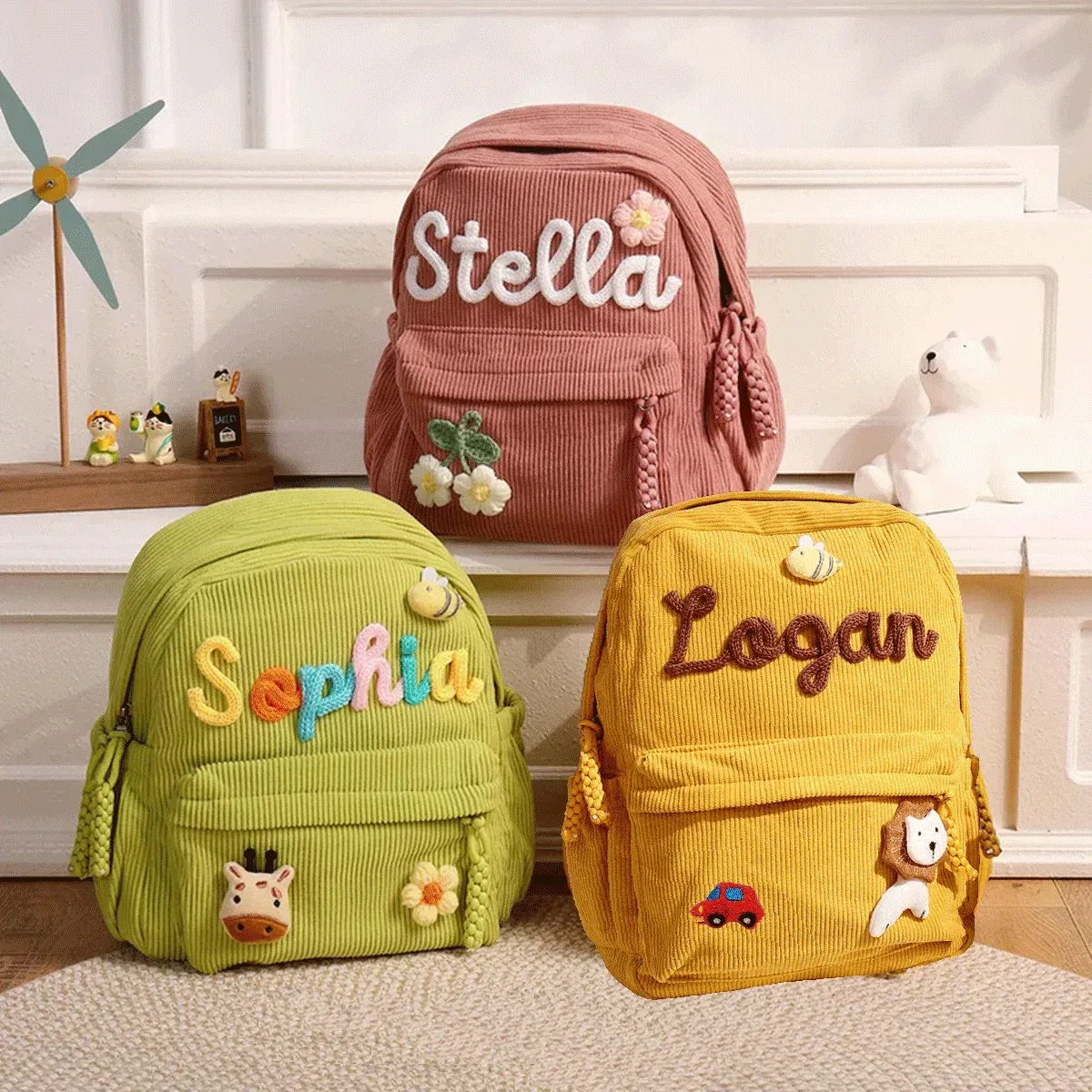 sacs à dos personnalisés en velours côtelé – sacs à dos brodés sur mesure, décorations florales/animalières, styles parent-enfant, sac pour sœur/frère