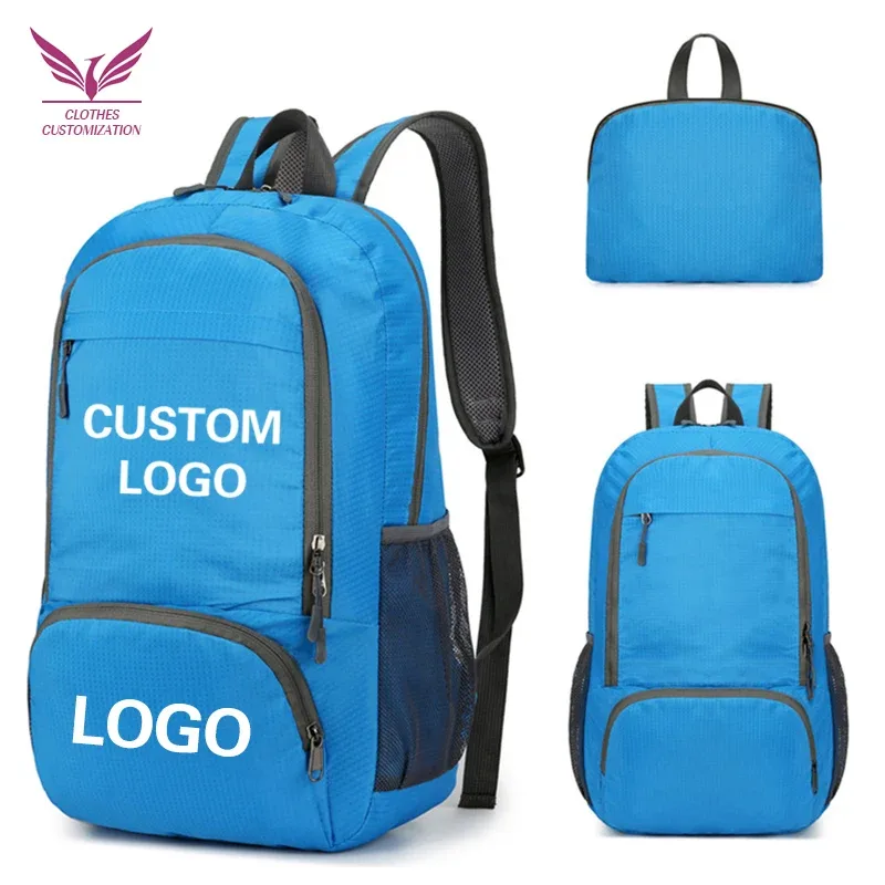 sac à dos léger et pliable avec logo personnalisé, imperméable, personnalisable, idéal pour les voyages en plein air et la randonnée.