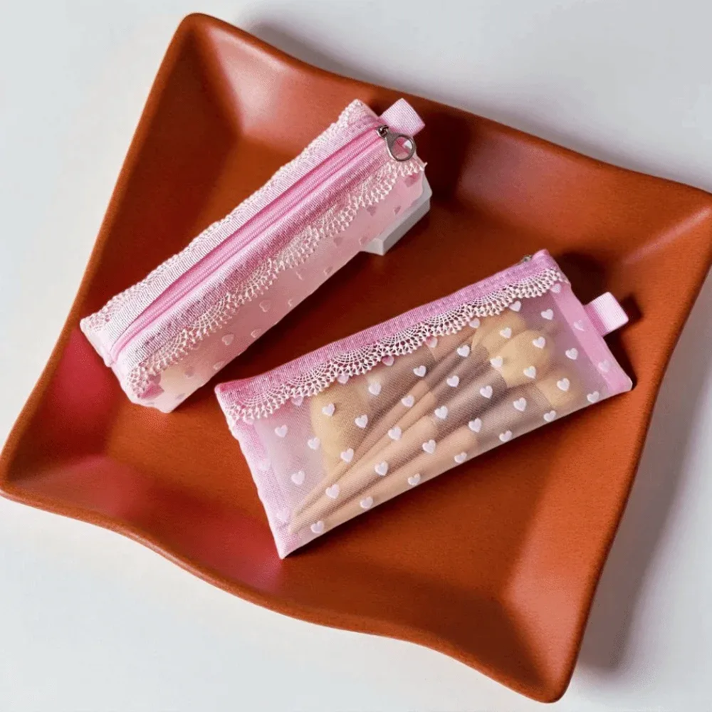 nouvelle trousse de maquillage transparente en dentelle à bordures florales, pochette de rangement douce en maille pour voyage