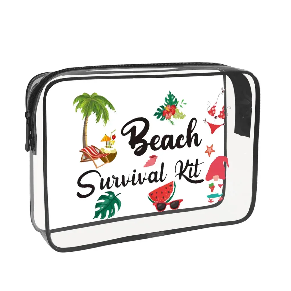 trousse toilette pvc transparent motif hello summer bleu flamants roses lunettes soleil chaussons voyage cosmétiques maquillage