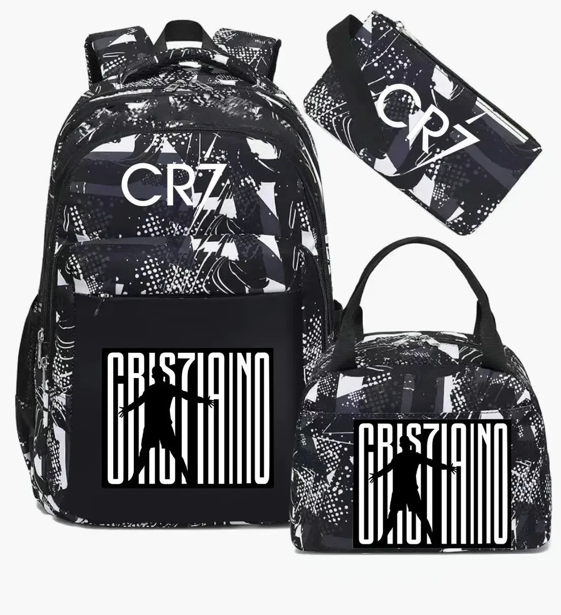 sac polyestere noir motif graphique sac dos pochette lunch cr7 cristiano voyage école adolescents femmes hommes