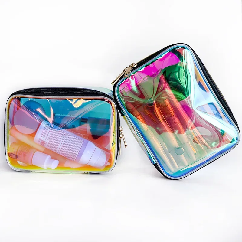 nouveauté sacs à cosmétiques irisés holographiques clairs sac de toilette de voyage étanche holographique transparent