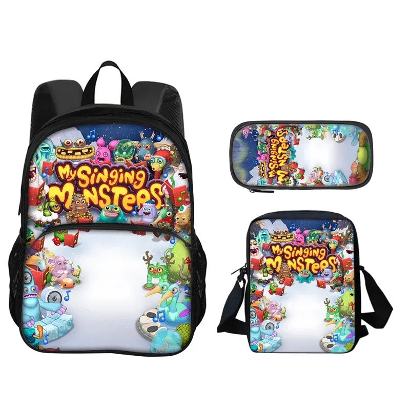 sac à dos my singing monsters, sac à stylos, sac à bandoulière, ensemble de 3 pièces imprimé pour garçons et filles de maternelle et d'école primaire