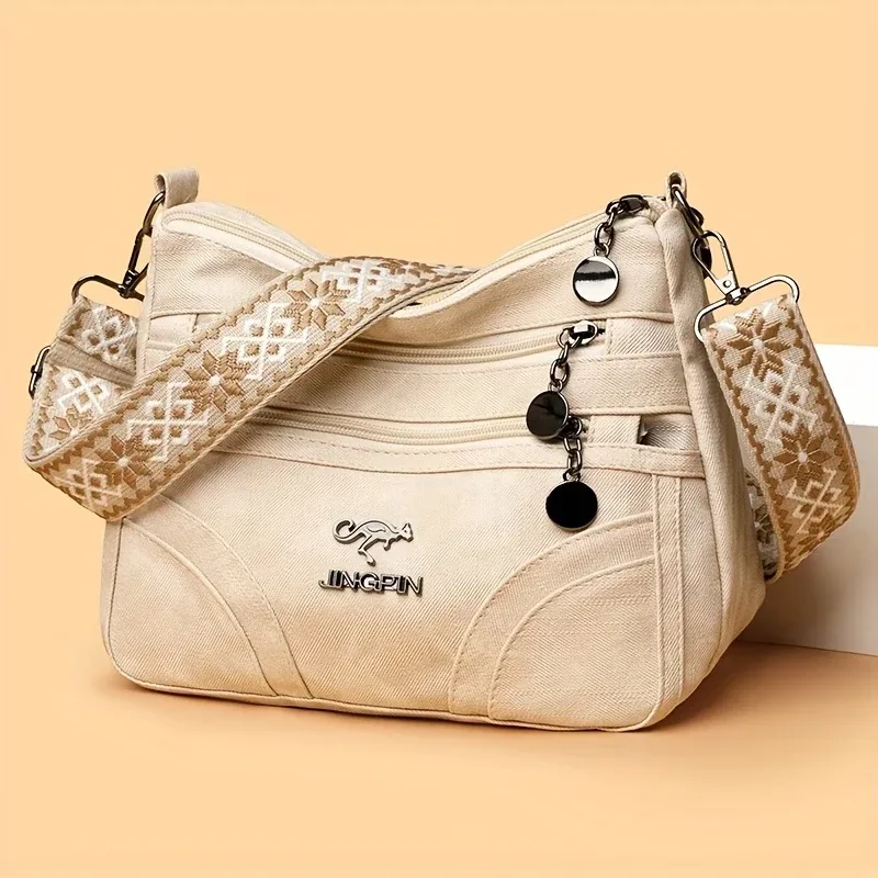 Sac à bandoulière vintage gris en toile pour femme, sac messager multi-poches avec sangle à motifs, sac hobo décontracté pour le quotidien