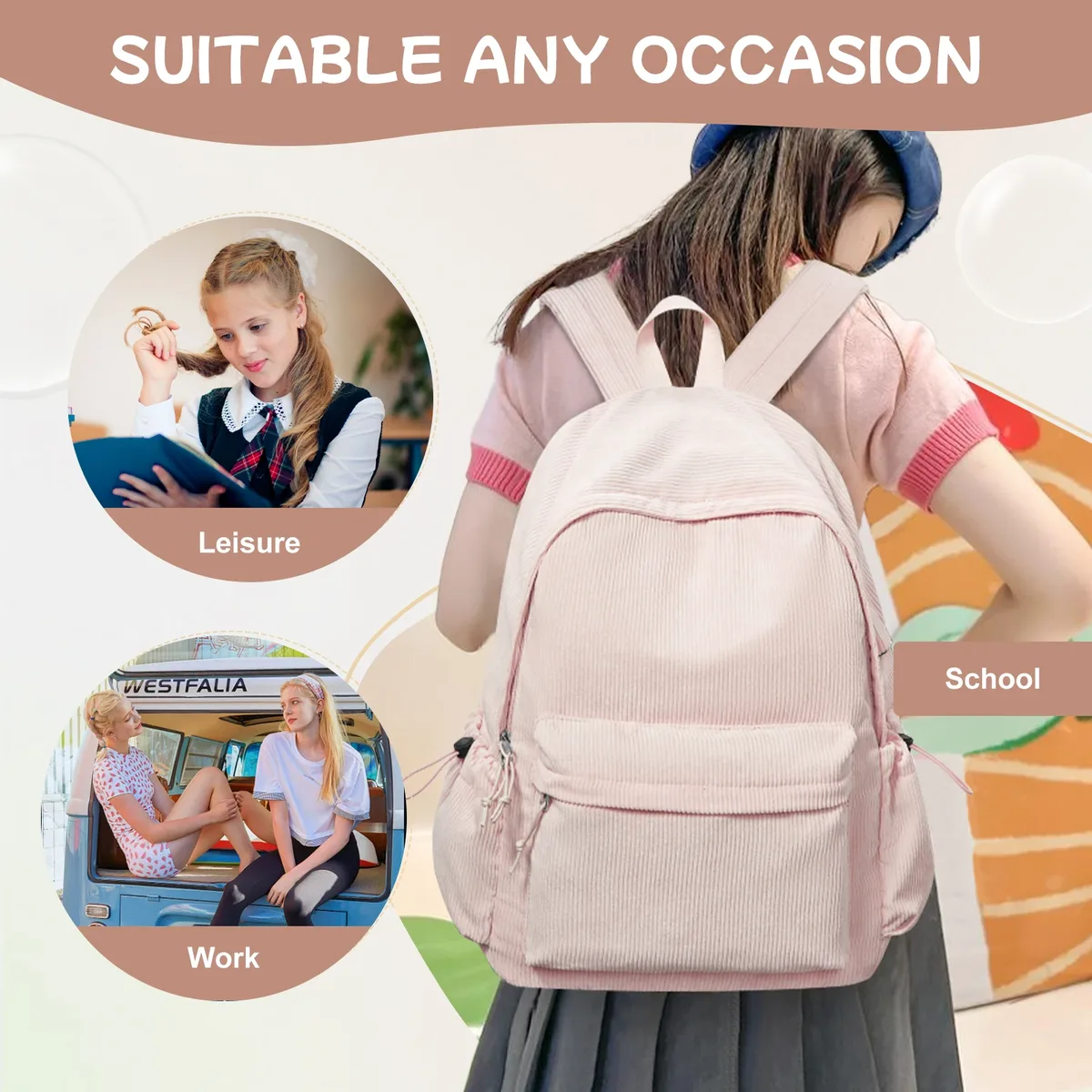 sac à dos d'école pour adolescents, filles et garçons, pochette d'ordinateur, convient aux voyages universitaires de 15.6 pouces, sac à dos de loisirs durable pour étudiants à la mode pour femmes
