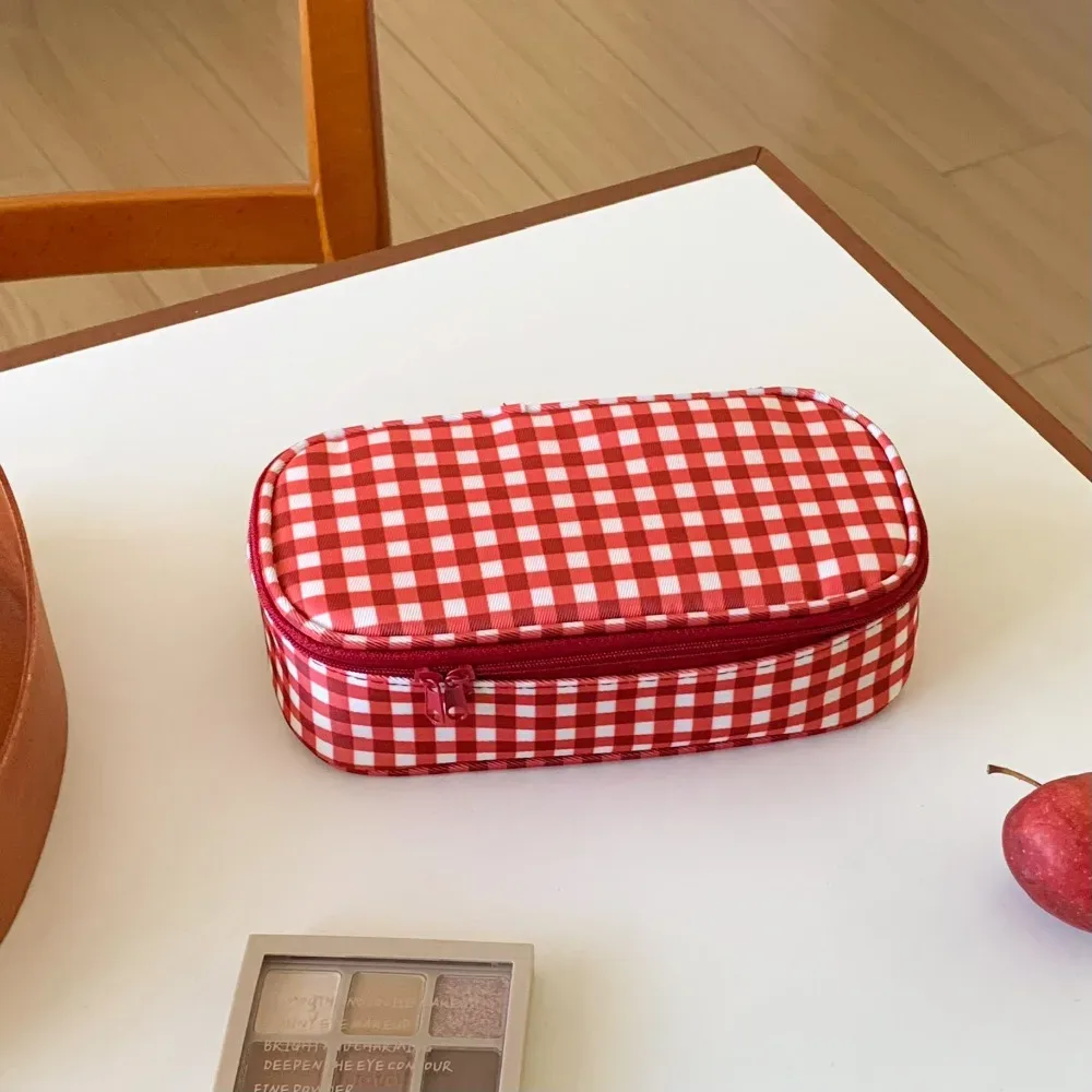 sac de maquillage à grille rouge de haute qualité, pochette cosmétique portable multi-tailles, trousse de toilette de voyage