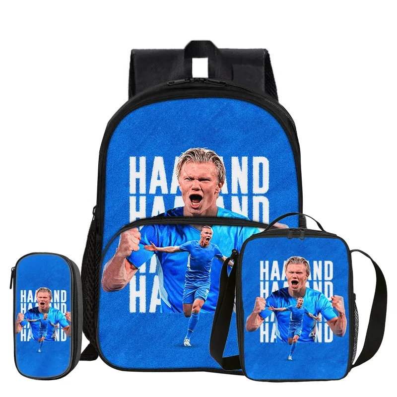 sac dos nylon bleu motifs football erling haaland grand bandoulière arquée sac déjeuner pochette enfant usage voyage