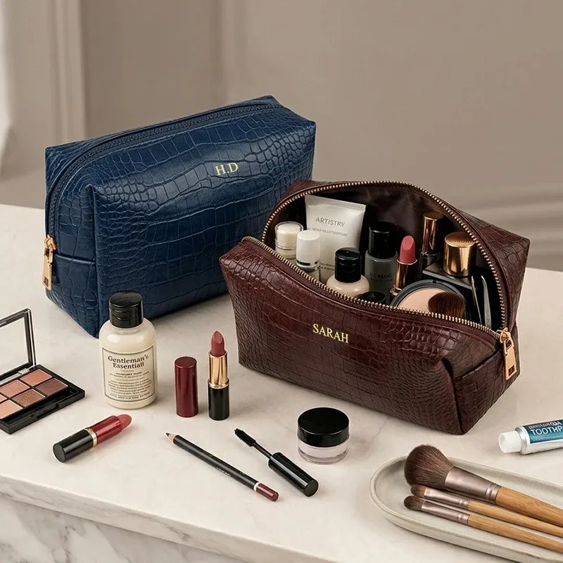 sac à cosmétiques de luxe en cuir de crocodile, motif personnalisé, sac de voyage portable pour femme, grande capacité, sac de rangement, cadeau tendance
