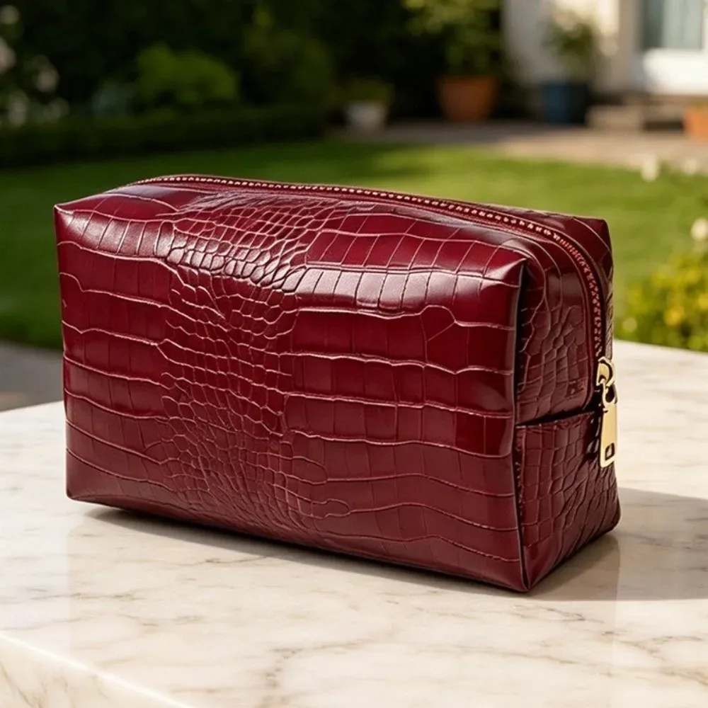 sac à maquillage en cuir pu, motif crocodile gaufré, pochette cosmétique imperméable, fermeture à glissière, grande capacité, pochette de rangement