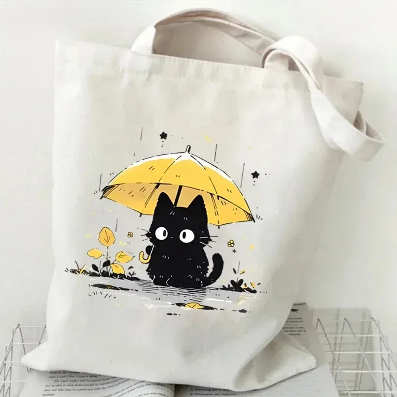 sac fourre-tout en toile imprimé chat, motif chat de dessin animé mignon, sac à bandoulière pour les courses quotidiennes, pour les amoureux des animaux de compagnie, bolso grande mujer