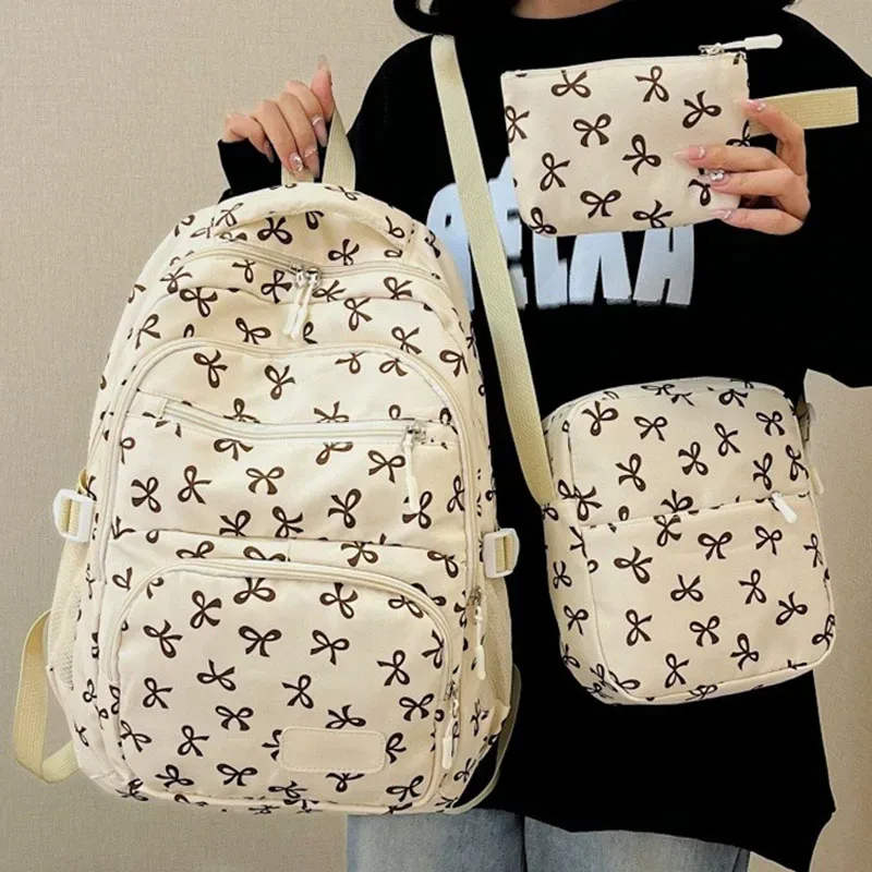 ensemble de 3 pièces de sac à dos mignon de grande capacité, mode coréenne, sac imprimé avec nœud, sacs en nylon, cartable d'étudiant, sac à dos de voyage à sangle réglable