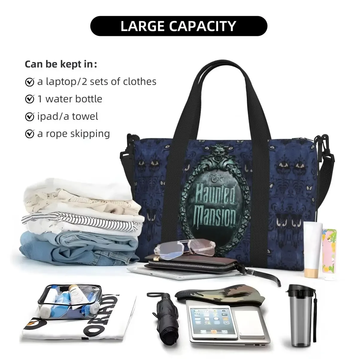 sac fourre-tout personnalisé avec logo de manoir hanté pour femme, sacs de voyage de grande capacité, sacs d'épicerie, halloween grimace mesurosts, salle de sport, plage