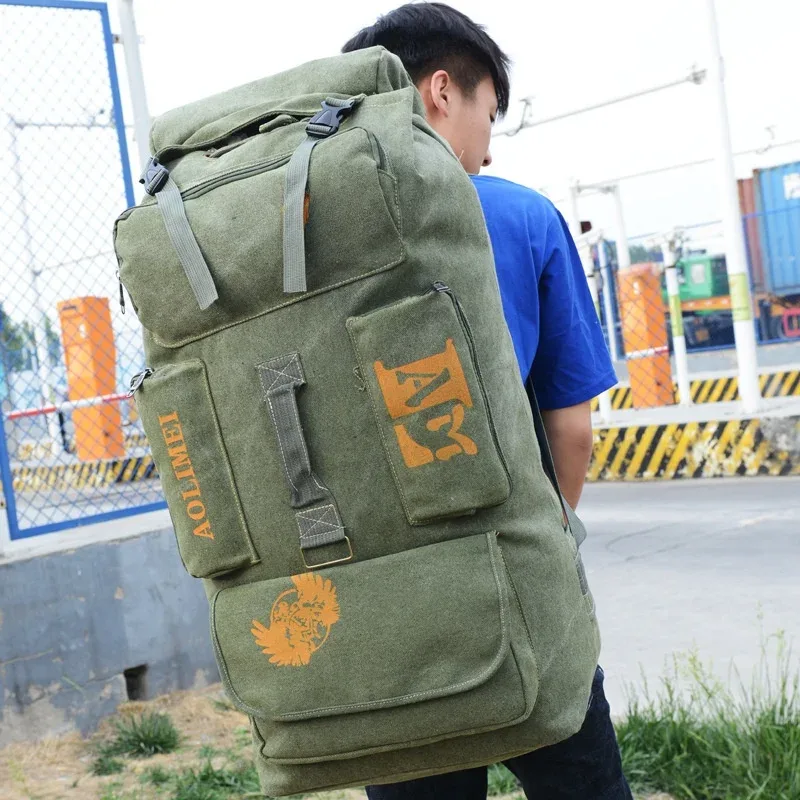 sac à dos en toile grande capacité 100l, sac à dos de voyage, de camping, de plein air, à double bandoulière, respirant, résistant à l'usure, style streetwear, unisexe