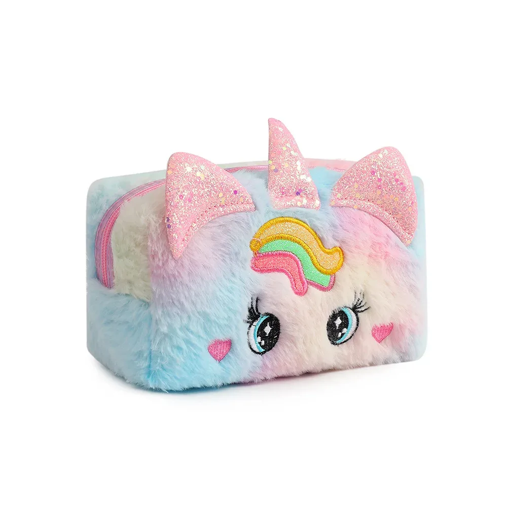 trousse toilette velours licorne rose bleu blanc design mignon ovale transport fille étudiante cosmétique maquillage