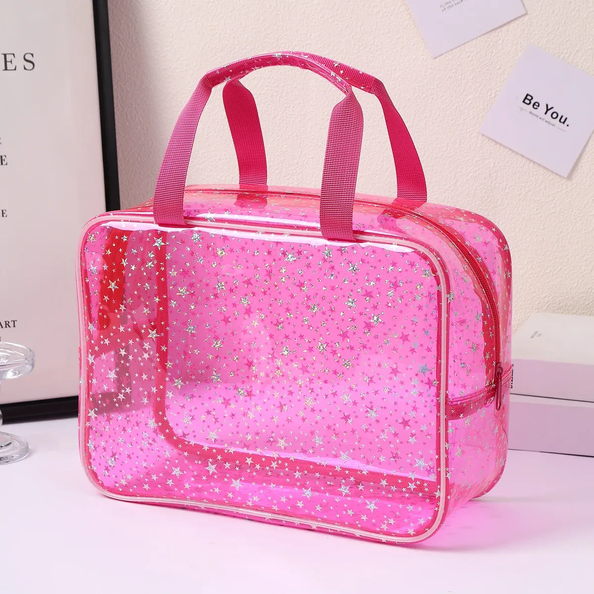 sac fourre-tout de voyage élégant en forme de cube de grande capacité, sac de maquillage imperméable à motif étoile, sac de rangement, trousse de toilette